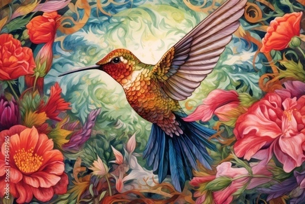 Fototapeta  a painting of a hummingbird in flight surrounded by flowers and swirly swirly swirly swirly swirly swirly swirly swirls.