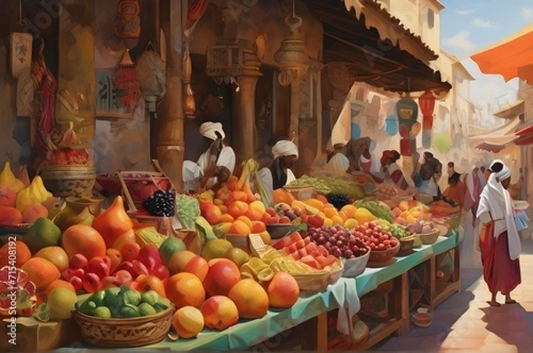 Obraz painting of a fruits and vegetable stalls at middle eastern street market 