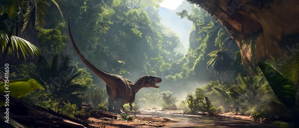 Obraz Panorama dinozaura T-Rex w prehistorycznej dżungli