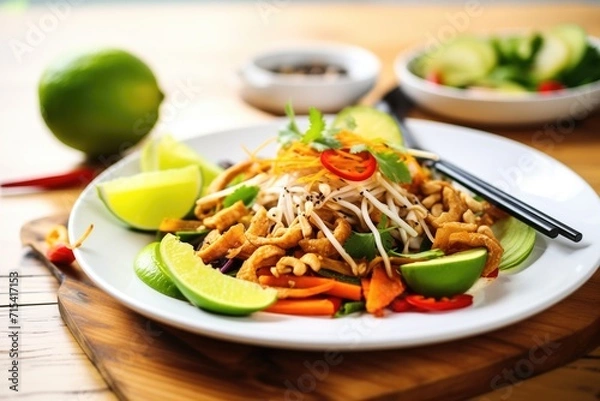 Fototapeta vegan pad thai with cashews and avocado slices