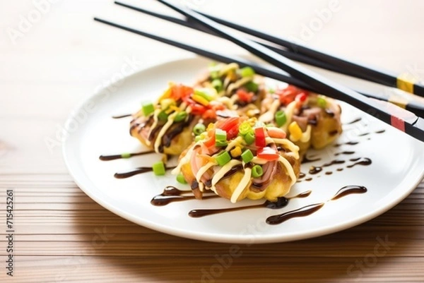 Fototapeta fresh takoyaki on a plate with chopsticks