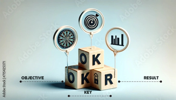 Obraz OKR Strategy-Targeting Objective Key and Result. A creative depiction of the OKR strategy connecting objective key action and result focusing on common goal for driving business growth and performance