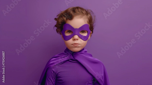 Fototapeta A kid in hero costume, wearing a purple mask against a purple background, generative ai