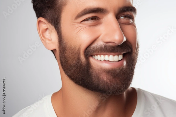 Fototapeta a closeup photo portrait of a handsome man smiling with clean teeth. used for a dental ad. guy with fresh stylish hair and beard with strong jawline. isolated on white background.