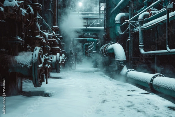 Fototapeta An industrial boiler room covered in snow and complex piping emitting steam, conveying a feeling of cold yet functional warmth.