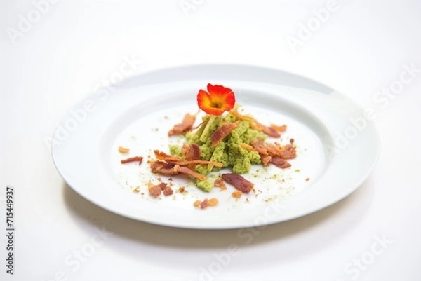 Fototapeta guacamole with crispy bacon bits on a white plate