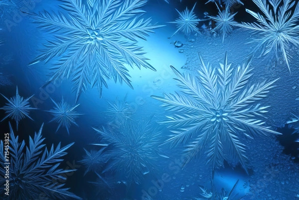 Fototapeta  Background of Snowflakes, Stars Frozen Cool Ice Crystals like Beautiful Glass in Winter Christmas mood, deep Blue Gradient for Product Display Texture, fresh and wet water drops sparkle like Window  