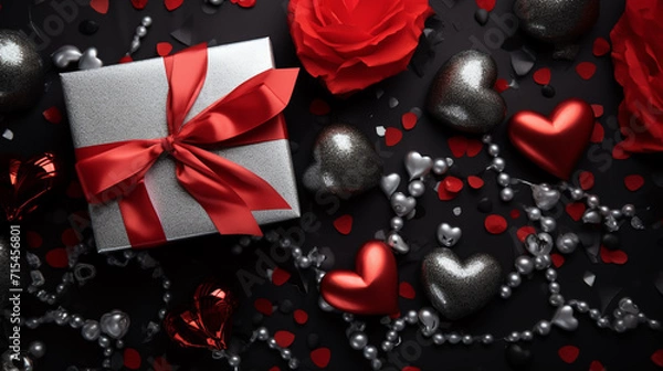 Fototapeta Black Friday sale flat lay with presents and ribbon in heart shape