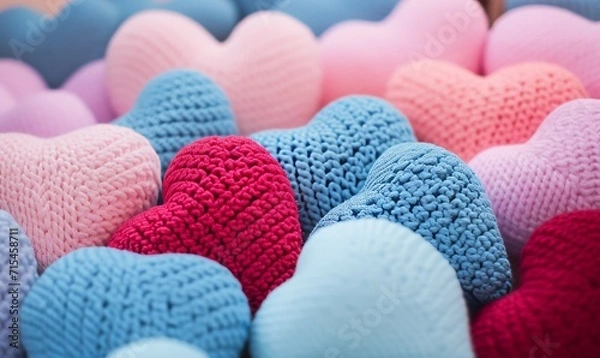 Fototapeta Colorful knitted hearts on a light background. Valentines day concept.