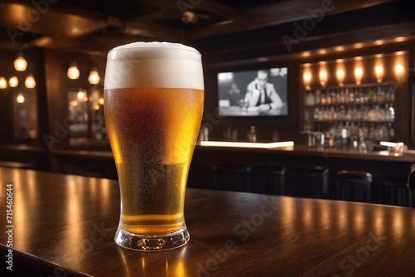 Fototapeta Cold beer in a glass, close up in a dark pub with a sunset light on it. Beer banner. Generative Ai