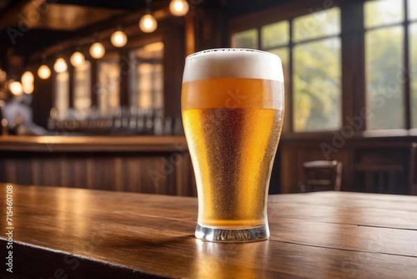 Fototapeta Cold beer in a glass, close up in a dark pub with a sunset light on it. Beer banner. Generative Ai