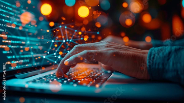 Fototapeta Close up hands of businessman use laptop to work on smart digital marketing and data management.