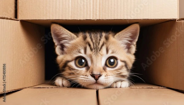 Fototapeta Cute Kitten head peeking over brown card box. AI generated