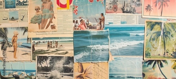 Fototapeta Collage art of vintage summer scenes with beachgoers, palm trees, and ocean waves, evoking nostalgic seaside memories.