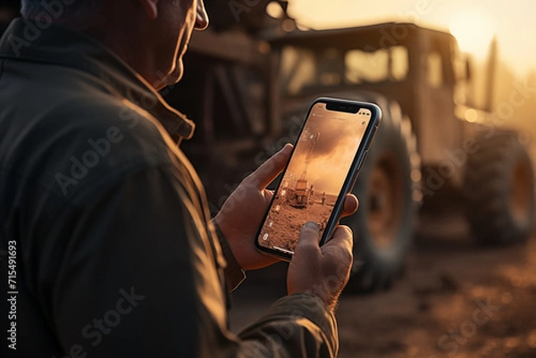 Obraz a man using smart phone for farming