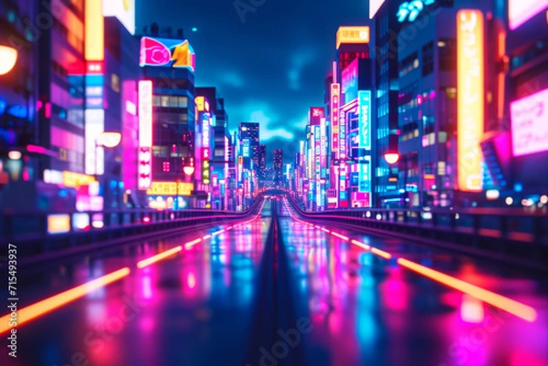 Fototapeta Abtract colorful futuristic night city background tokyo neon signs long exposure lights 3d render 3d illustration