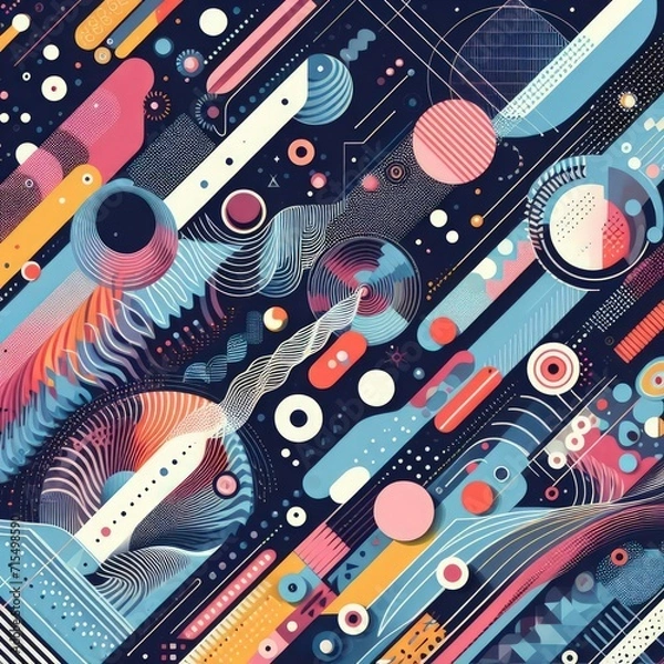 Fototapeta 1990es 90es Retro Geometric Graphic Design Background Texture with colorful Circles and abstract Shapes in Pink and Blue Pastel crazy Dynamic like Music Video Screen