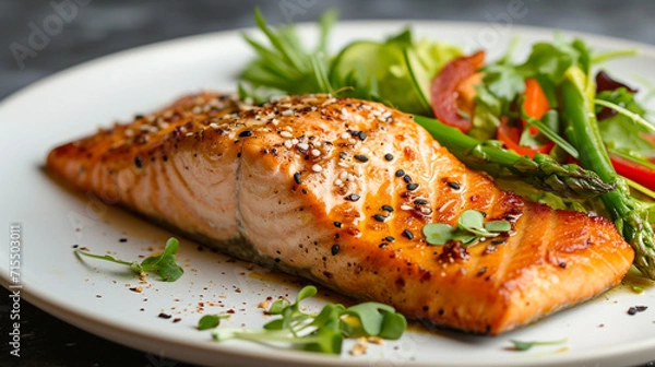 Fototapeta Baked salmon with a delicate taste of ginger and soy sauce, crispy asparagus, and fresh salad. This dish combines the rich, savory flavor of salmon with the light, refreshing texture of vegetables.