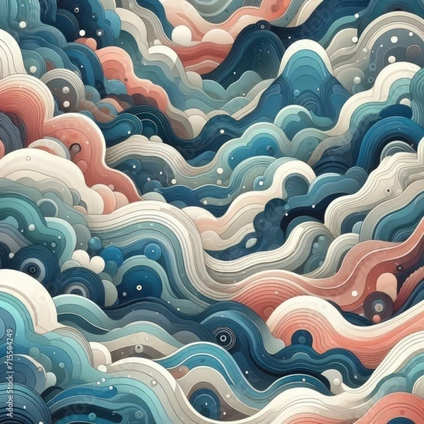 Fototapeta Vintage Wave Clouds Bubbles Texture Pattern in Hippie Summer Flower Power Ornament Style, flowing, dynamic, colorful animated happy Cartoon of Sea illustration lines Wallpaper Background Brush Curves