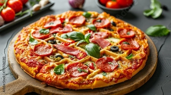 Fototapeta Waffle pizza, combining the savory goodness of pizza with the delightful crunch of waffles, trendy food mashup concept.