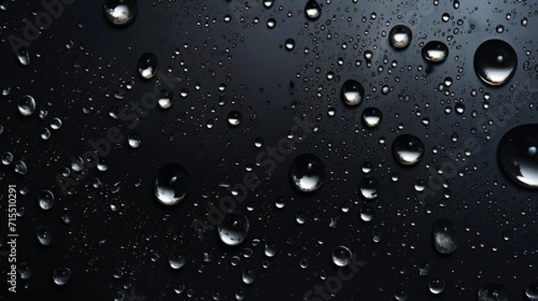 Fototapeta Closeup of water drops sliding on wet surface. Dark black background. Generative AI