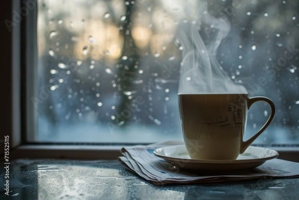 Fototapeta A steaming cup of coffee sits on a saucer in front of a rainy window.