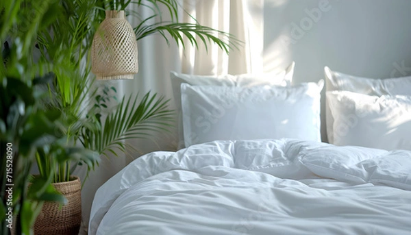 Fototapeta Close up of bed with white bedding, pillow and duvet against home greenery. Scandinavian interior design of modern bedroom
