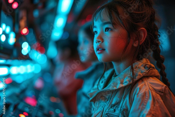 Obraz Little Asian girl wearing a spacesuit and looking at the dashboard inside a spaceship in space. Space flight in the future. Neon colors