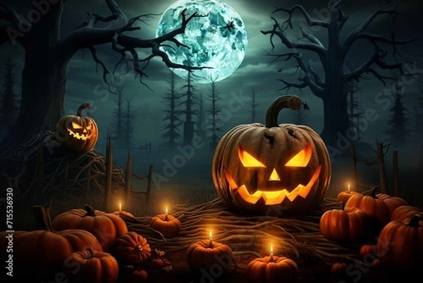 Obraz Halloween pumpkin head jack lantern with burning candles, Spooky Forest with a full moon and wooden table