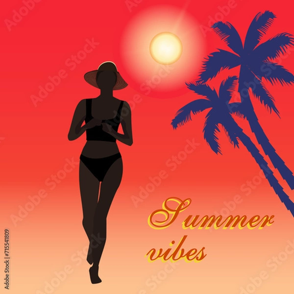 Fototapeta woman on the beach with palm-trees