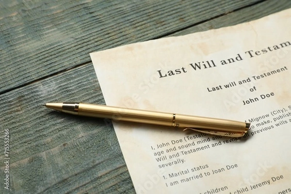 Fototapeta Last Will and Testament and pen on rustic wooden table, closeup