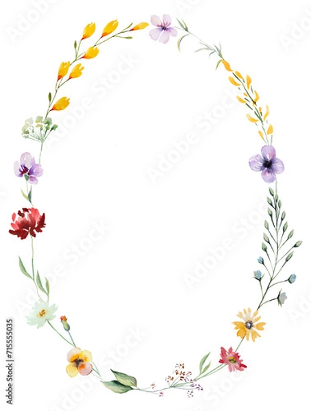 Obraz Owalna rama wykonana z akwareli dzikich kwiatów i liści, letniego ślubu i ilustracji z życzeniami