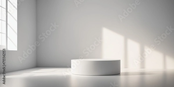 Fototapeta Abstract white round stand for product presentation on white background, empty room with shadows on podium, blurred background for product display