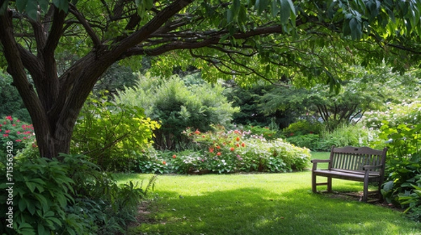 Fototapeta A serene garden setting with a mulberry tree providing shade, its branches gracefully extending over a bench where one can enjoy the tranquility and serenity of the surroundings.
