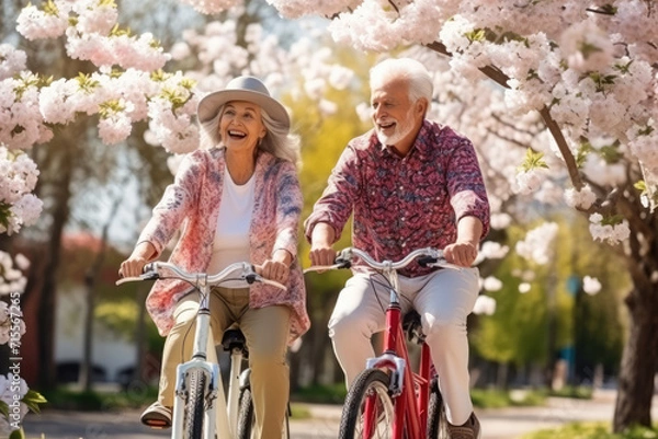 Obraz Youthful and playful happy senior old couple enjoy outdoor leisure activity riding bikes in spring cherry blossom park. Elderly Man woman in healthy active lifestyle. Retired people using bicycle