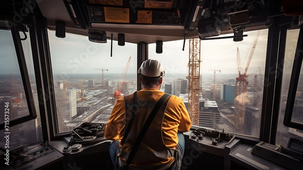 Fototapeta Profession crane operator. A man in a special uniform and a helmet on his head sits and works in the cabin of a construction high-rise crane.From the window you can see a large city under construction