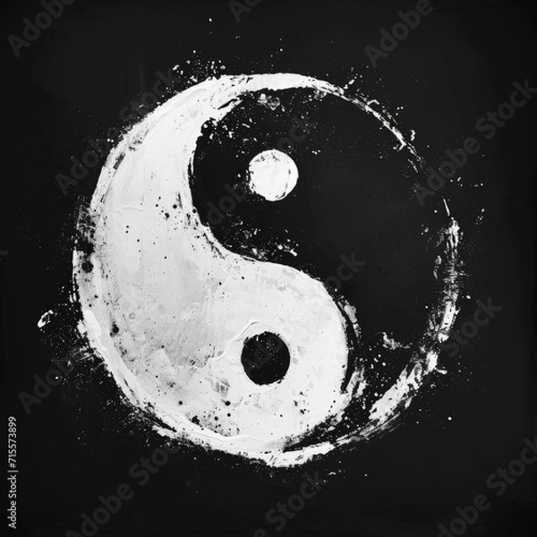 Fototapeta Roughly handpainted white and black yin and yang symbol with visible brush strokes on solid black background. AI generated