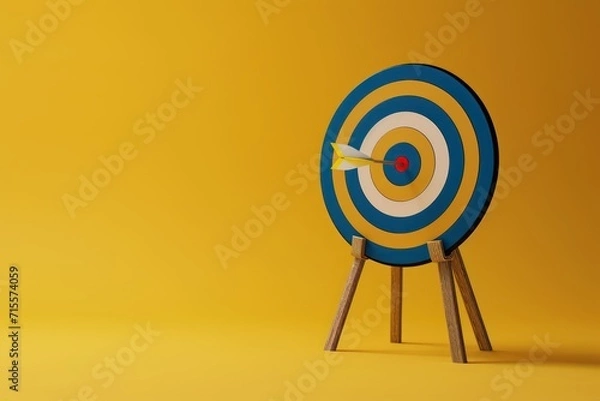 Fototapeta Target with arrow in center on yellow background. Generative AI