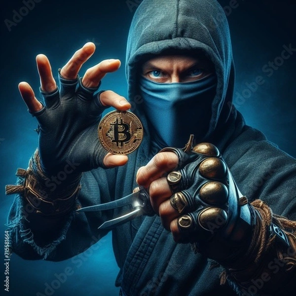 Obraz A ninja warrior holding a Bitcoin in his hand3