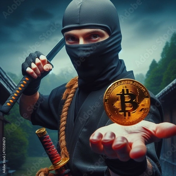 Obraz A ninja warrior holding a Bitcoin in his hand1