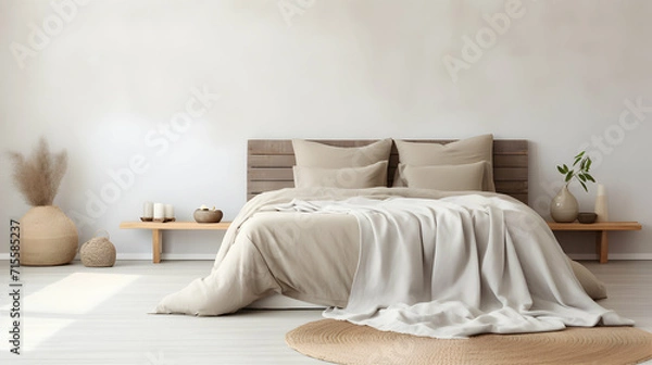 Obraz Beige blanket on the double bed in stylish wabi sabi bedroom of minimal style house with copy space on the empty wall, generative ai