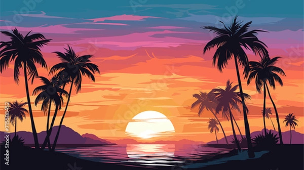 Fototapeta Vectorized palm tree silhouettes against a sunset sky, representing the tropical and relaxing atmosphere found in coastal locations. simple minimalist illustration creative