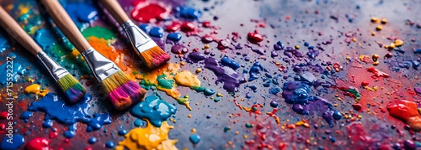 Fototapeta Three dirty brushes lying on a painted and splattered textured background with paint. Vibrant color palette. Learning and education in the arts.