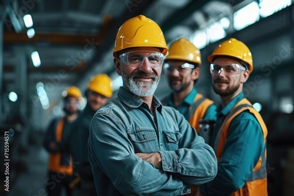 Obraz Happy mature engineer and colleagues working in factory