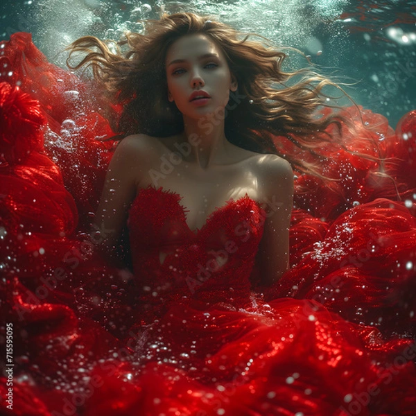 Obraz Beautiful red girl in an underwater fashion photo, in the style of flowing fabrics, rtx on, dima dmitriev, elaborate costumes, wavy, high resolution, light-focused