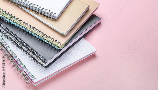 Fototapeta Different notebooks on light pink background, top view. Space for text