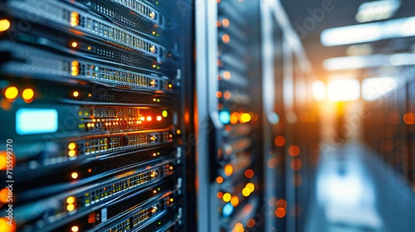 Fototapeta Digital Data Center Hub: The interior of a blue-themed data center with networking equipment, representing secure and efficient digital communication