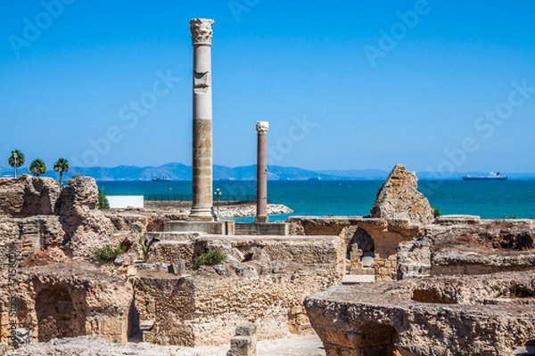 Fototapeta Ancient ruins at Carthage, Tunisia with the Mediterranean Sea in