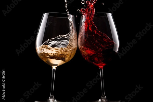 Obraz Drinks and beverages concept. Two transparent classic form and shape drinking glasses filled with white and red wine making cheers gesture on black background with copy space