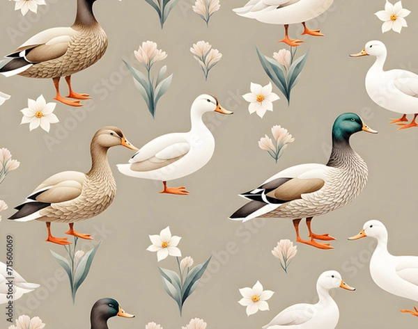 Fototapeta watercolor-illustration-of-a-duck-surrounded-by-a-minimalist-floral-pattern-pastel-color-palette